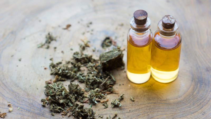 Crumbled buds next to small bottles of oil. CBD oil with terpenes is more effective than isolate. 