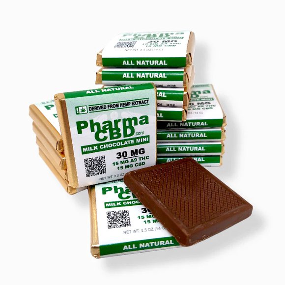 A small stack of CBD \ THC chocolate bars from PharmaCBD