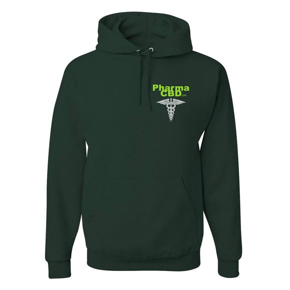 Green hoodie with PharmaCBD logo