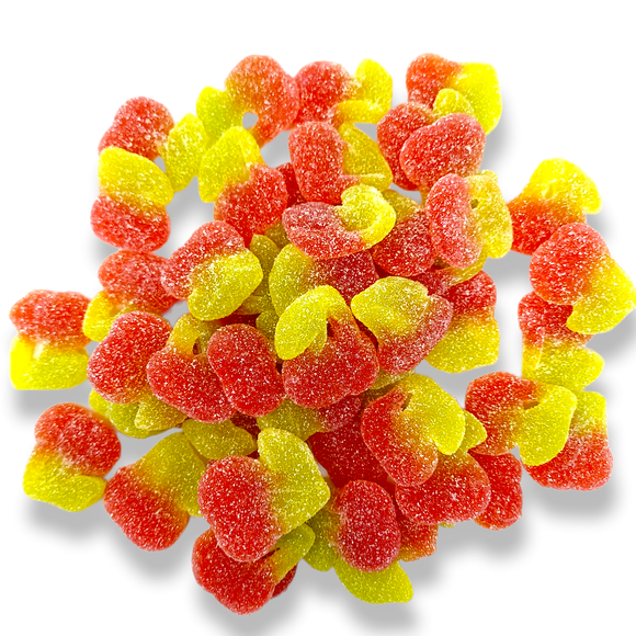 A scattering of Pharma CBD Gummies with cherry flavor