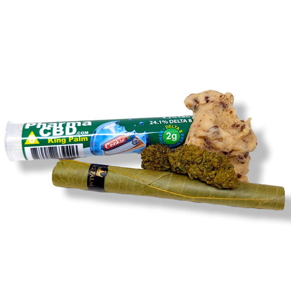 A King Palm 2g package of Pharma CBD Cookie Dough with Delta 8 flowers