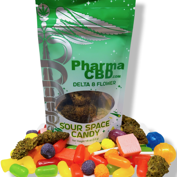 A package of Sour Space Candy Delta 8 flower from PharmaCBD store